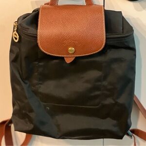 Longchamp Black Backpack with Brown Leather Trim